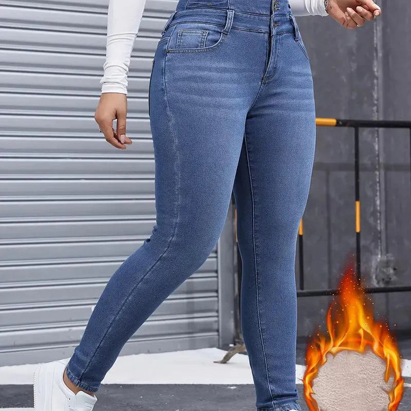 Warm and comfortable women's denim pants with fleece lining