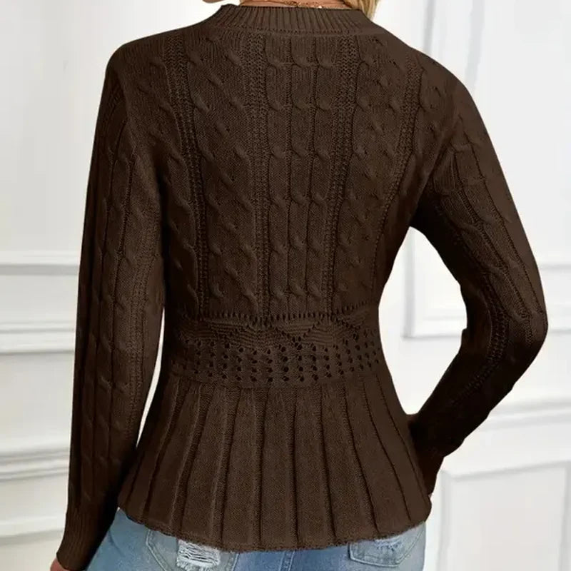 Women's sweater with a thick knit neckline and ruffles