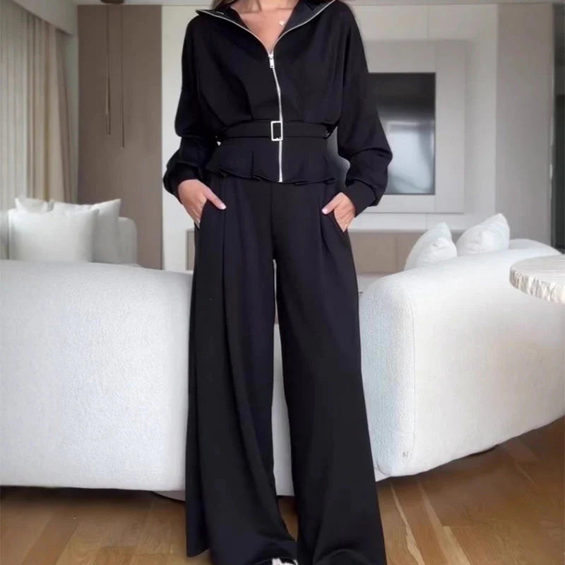 Women's Elegant High-Waist Zip-Up Wide-Leg Co-Ord Set