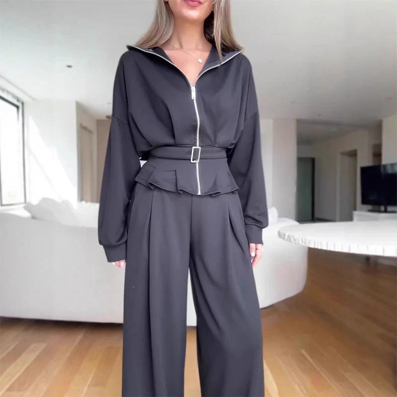 Women's Elegant High-Waist Zip-Up Wide-Leg Co-Ord Set