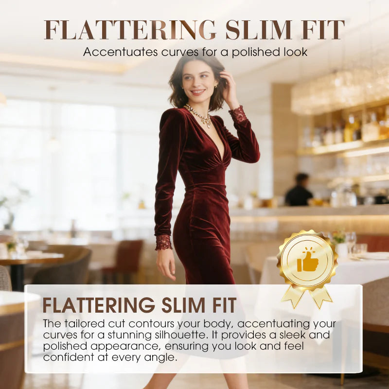 Women’s V-Neck Lace-Cuff Slim Midi Dress