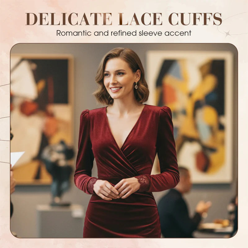 Women’s V-Neck Lace-Cuff Slim Midi Dress