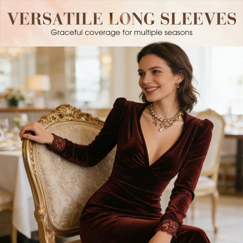 Women’s V-Neck Lace-Cuff Slim Midi Dress