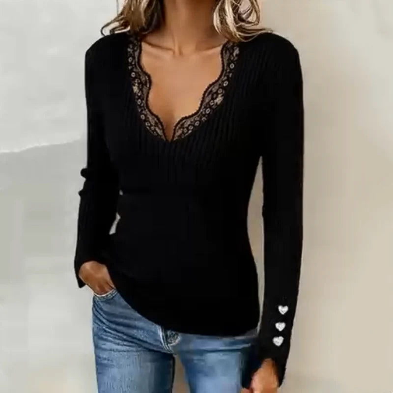 Women’s Lace Trim V-Neck Ribbed Knit Top with Heart Button Cuffs