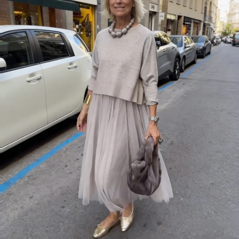 Women’s Knit Top and Sleeveless Mesh Dress Two Piece Set