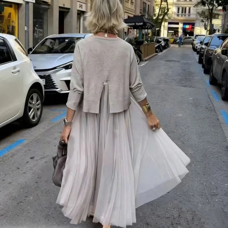 Women’s Knit Top and Sleeveless Mesh Dress Two Piece Set