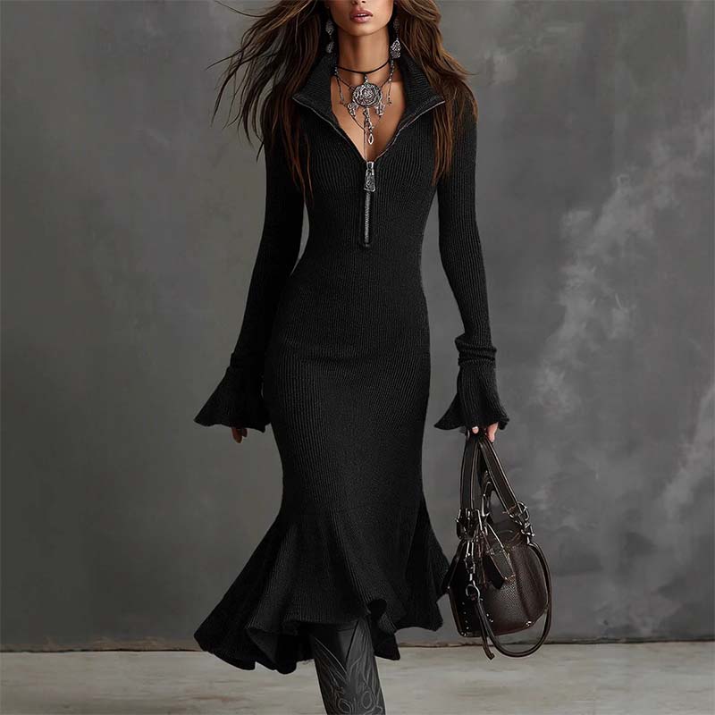 Women’s Zip Collar Flare Sleeve Fishtail Knit Dress