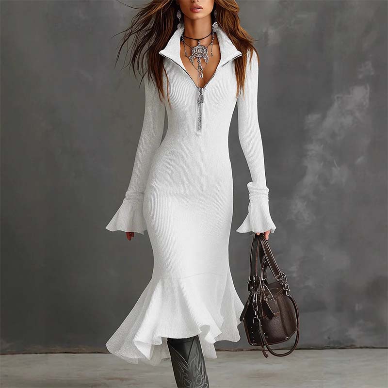 Women’s Zip Collar Flare Sleeve Fishtail Knit Dress