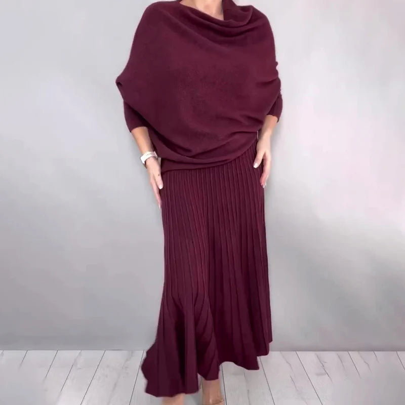 Women’s Cowl Neck Knit Top and Pleated A-Line Maxi Skirt Set