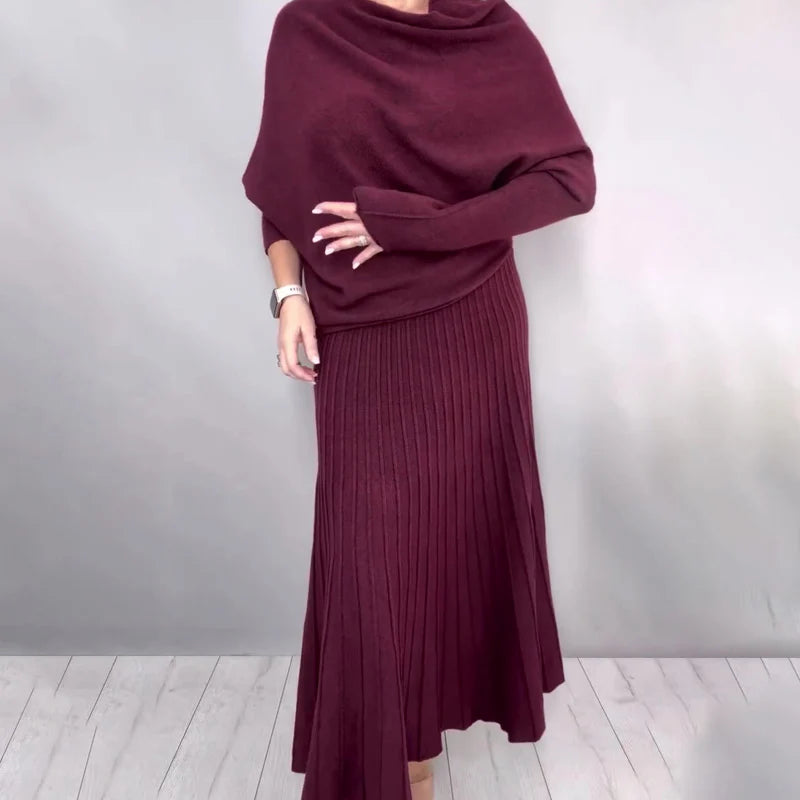 Women’s Cowl Neck Knit Top and Pleated A-Line Maxi Skirt Set