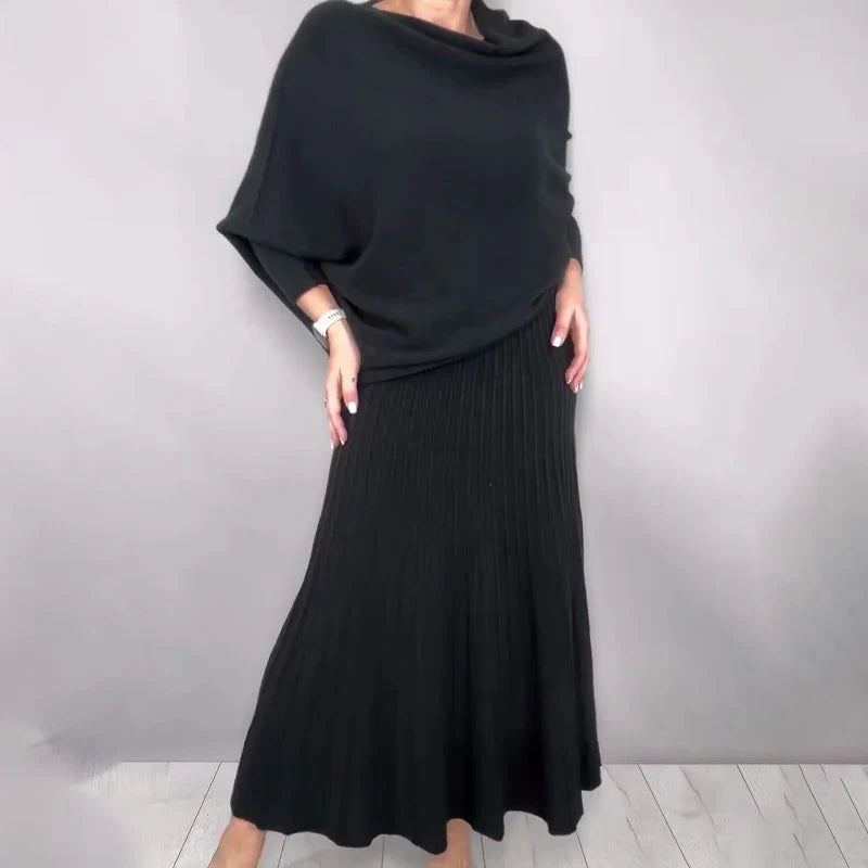 Women’s Cowl Neck Knit Top and Pleated A-Line Maxi Skirt Set
