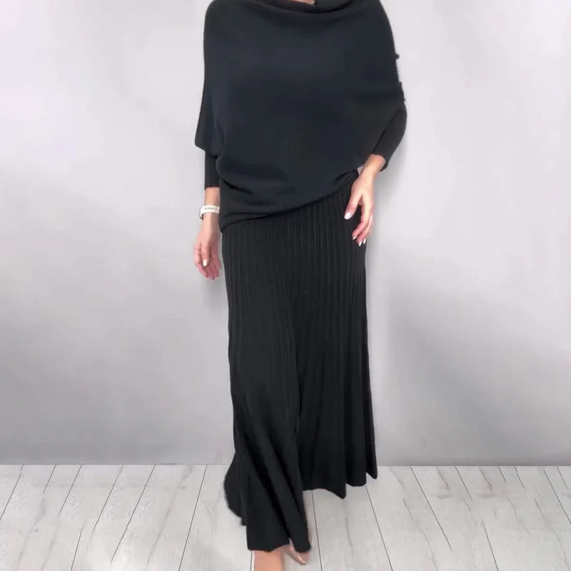 Women’s Cowl Neck Knit Top and Pleated A-Line Maxi Skirt Set