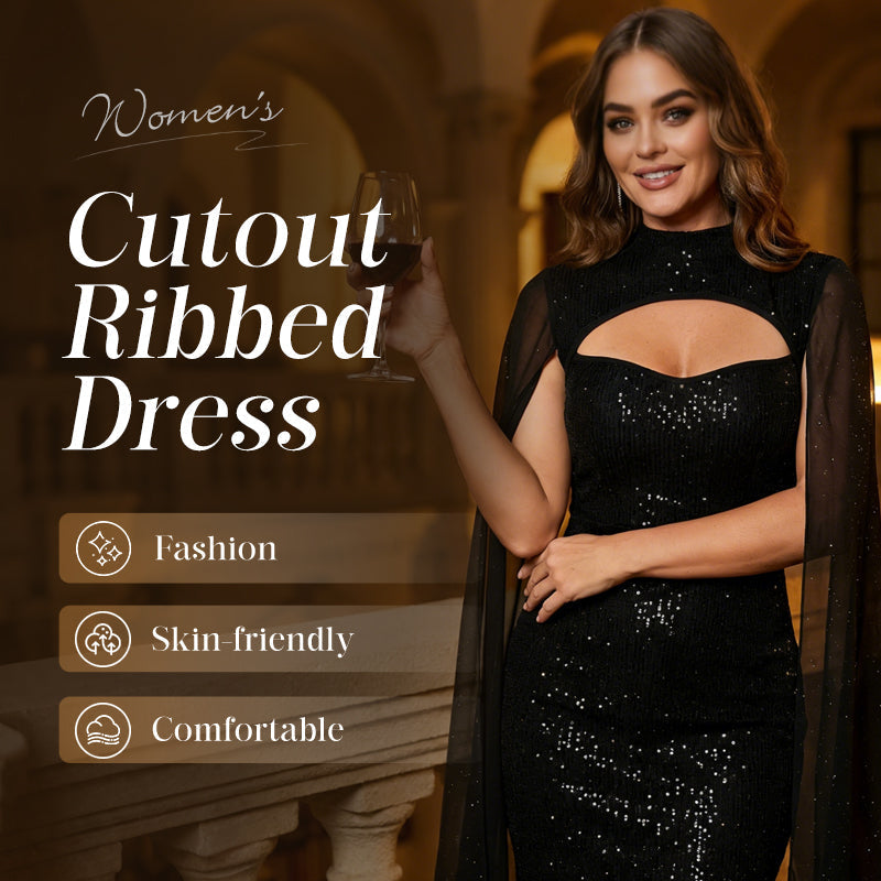 Women’s Ribbed Cutout Bodycon Dress with Split Chiffon Cape Sleeves