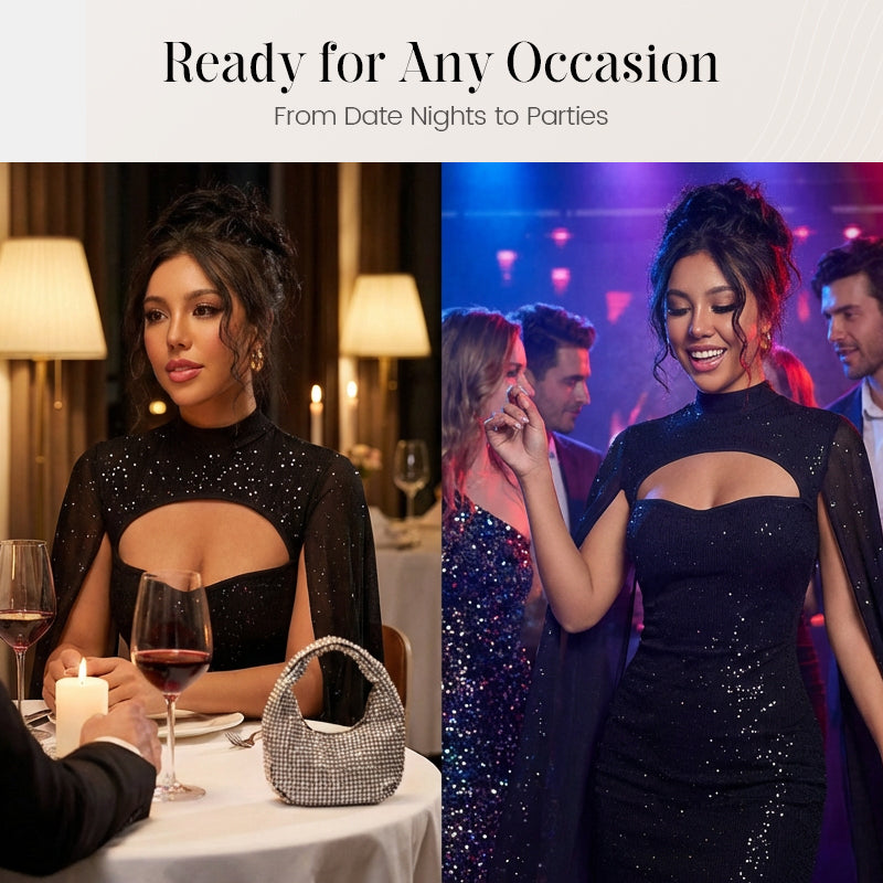 Women’s Ribbed Cutout Bodycon Dress with Split Chiffon Cape Sleeves