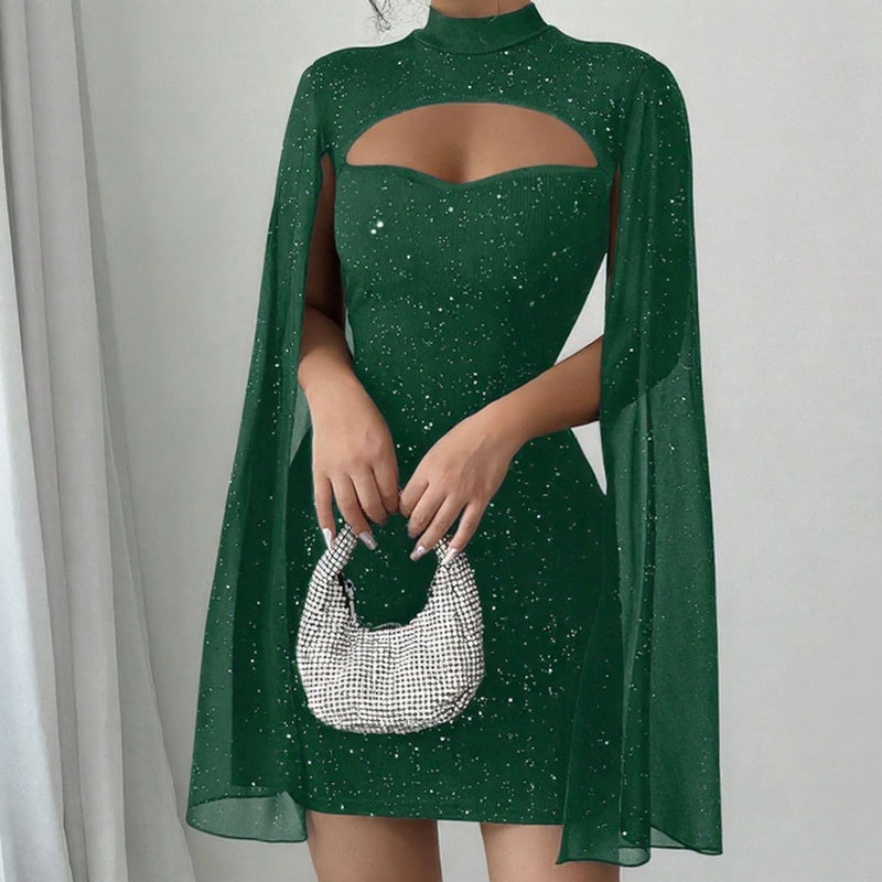 Women’s Ribbed Cutout Bodycon Dress with Split Chiffon Cape Sleeves