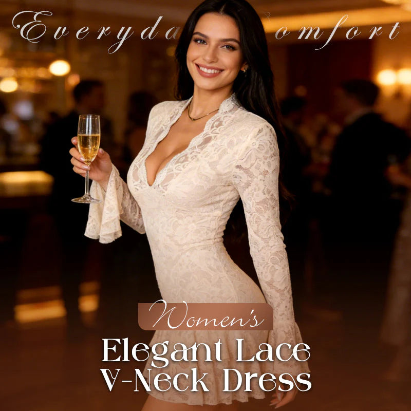 Women’s Floral Lace V-Neck Ruffle Hem Dress