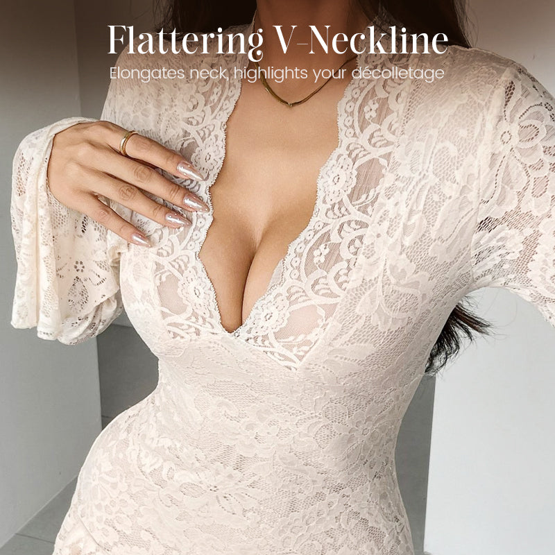 Women’s Floral Lace V-Neck Ruffle Hem Dress