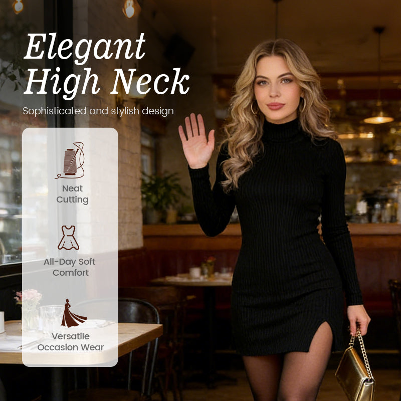 Women’s Ribbed High Neck Long Sleeve Bodycon Mini Dress