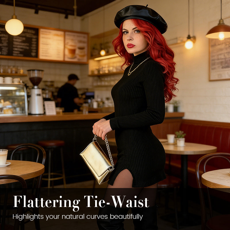 Women’s Ribbed High Neck Long Sleeve Bodycon Mini Dress