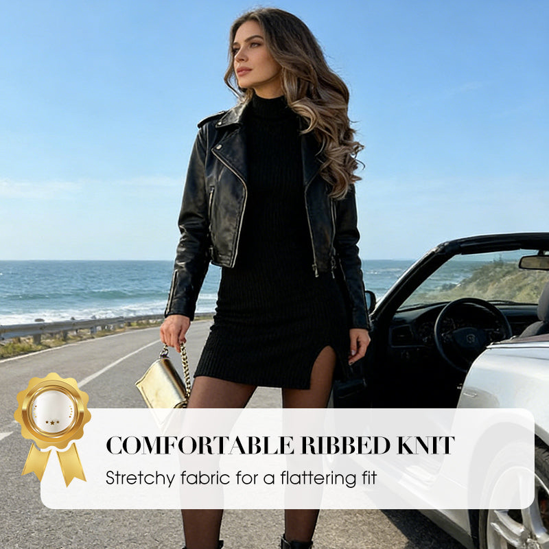 Women’s Ribbed High Neck Long Sleeve Bodycon Mini Dress