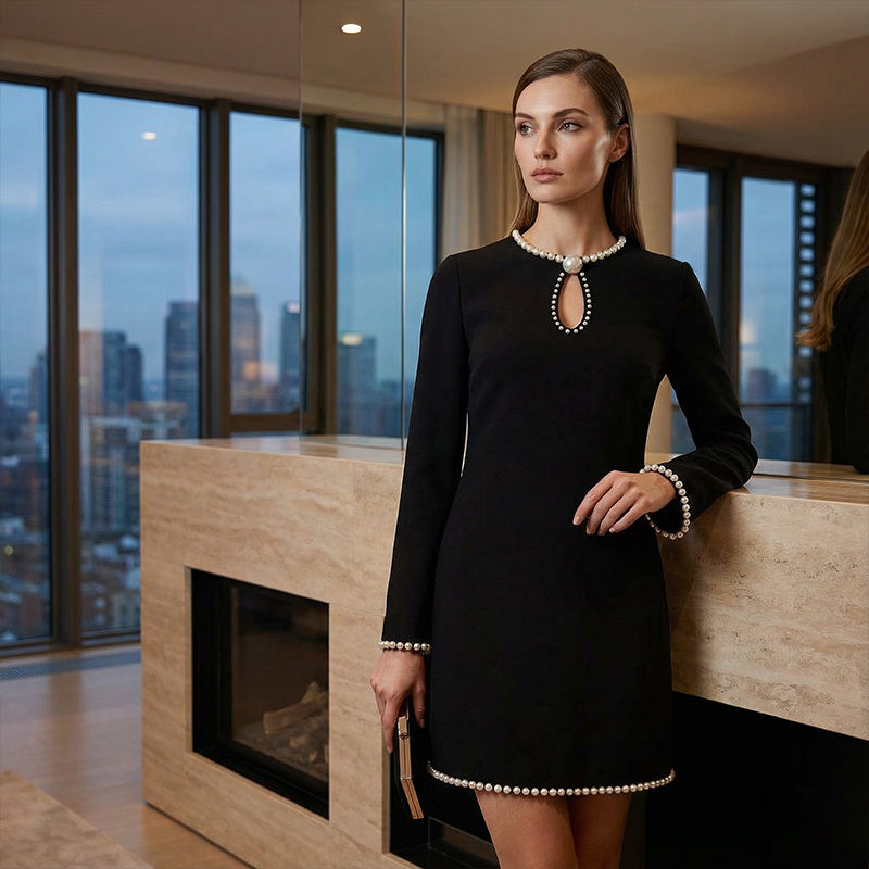 Women’s Pearl-Trim Keyhole Slim Sheath Mini Dress