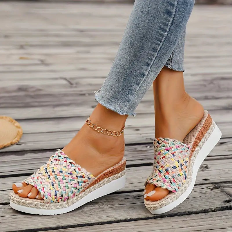 Women's Woven Straw Wedge Sandals - Summer Beach Slides