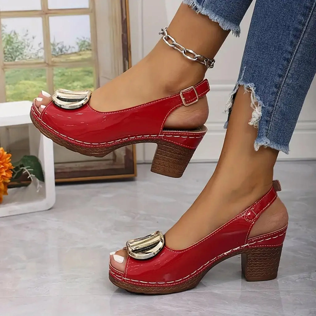 Orthopaedic sandals with metal buckle and mid-height open toe