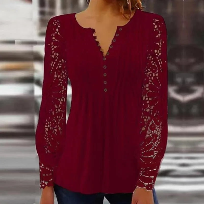 Women’s Pleated Button Front Lace Sleeve Blouse
