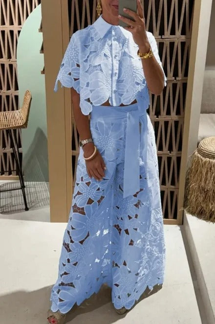 Women’s Embroidered Lace Two-Piece Blouse & Tie-Waist Trouser Set