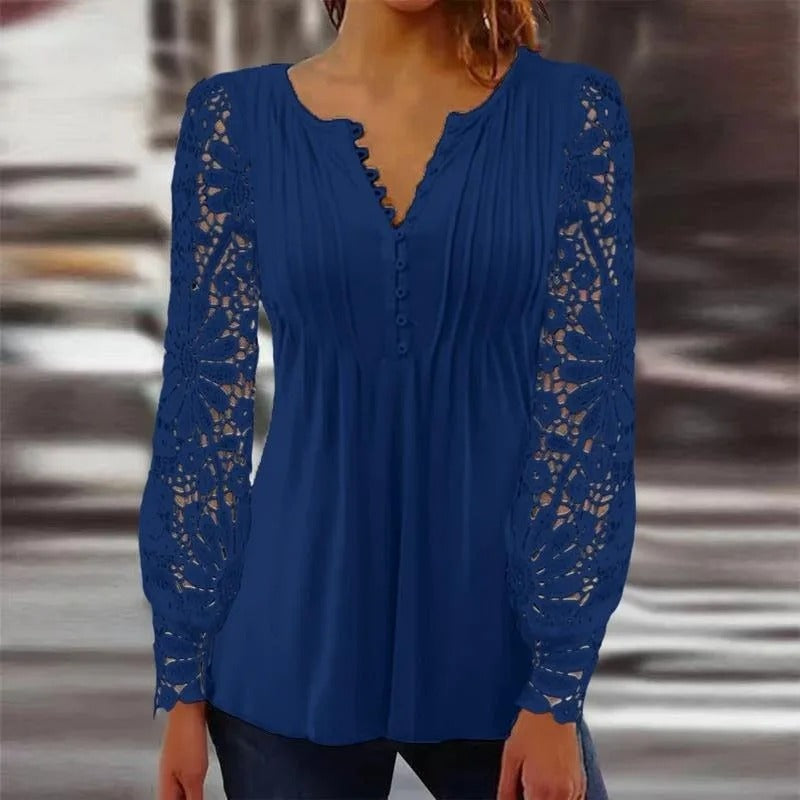 Women’s Pleated Button Front Lace Sleeve Blouse