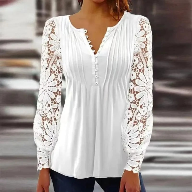 Women’s Pleated Button Front Lace Sleeve Blouse