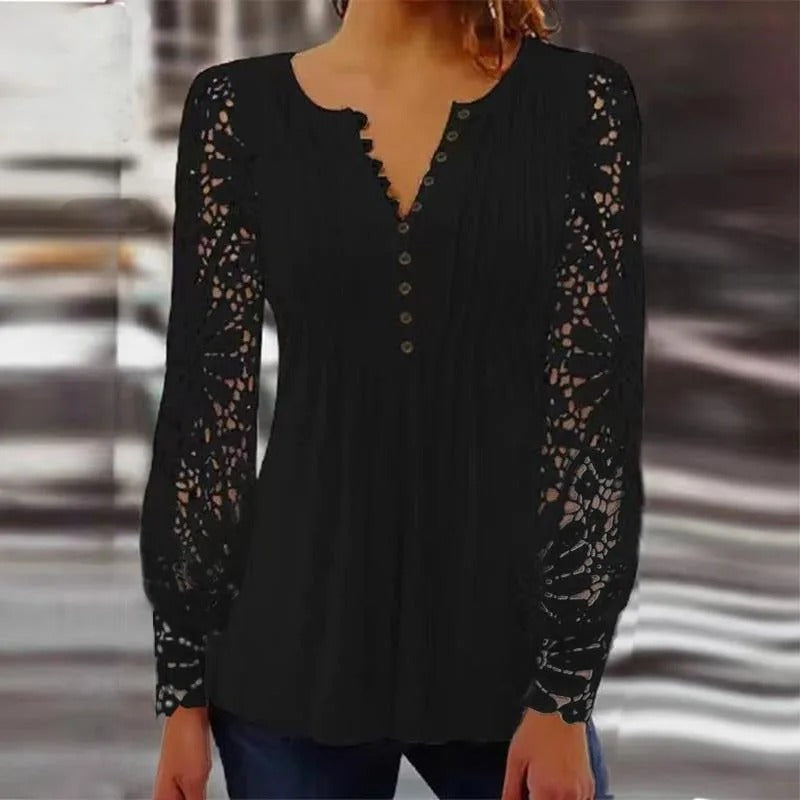 Women’s Pleated Button Front Lace Sleeve Blouse