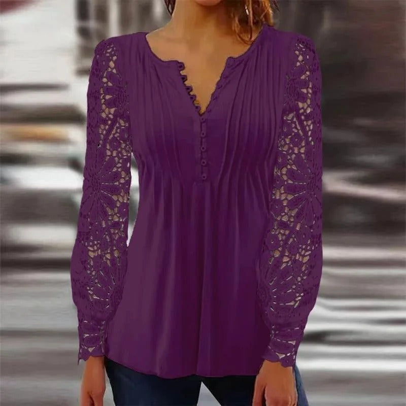 Women’s Pleated Button Front Lace Sleeve Blouse