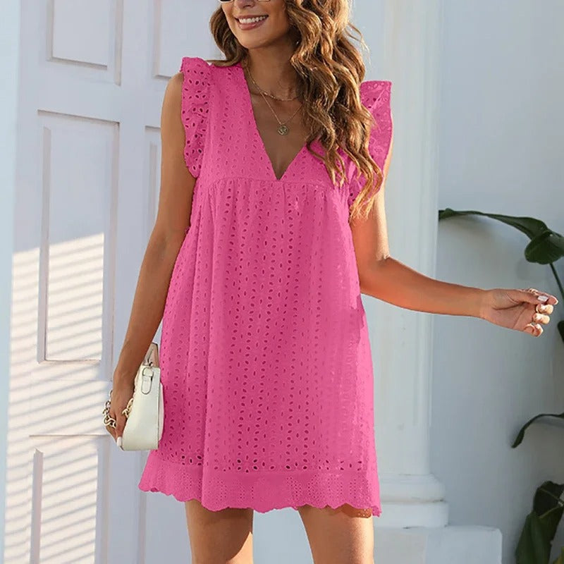 Women’s Broderie Anglaise V-Neck Ruffle Beach Mini Dress