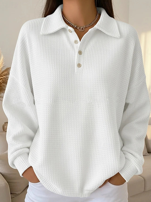 Women’s Casual Waffle-Knit Polo-Button Over-Hip Sweatshirt