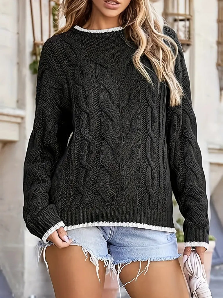 Chic Cable Knit Pullover - Women's Long Sleeve Sweater