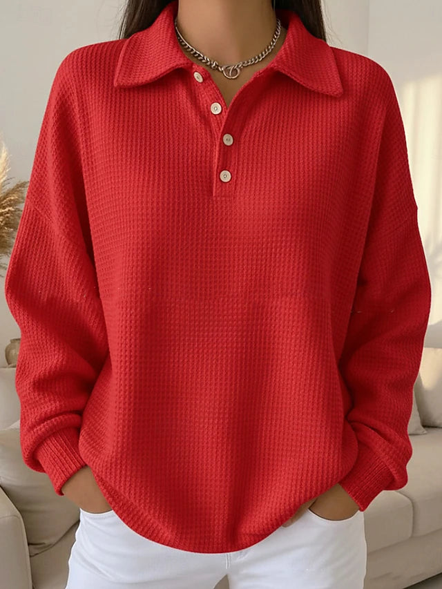 Women’s Casual Waffle-Knit Polo-Button Over-Hip Sweatshirt