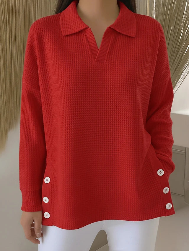Women’s Waffle-Knit Polo Neck Side-Slit Longline Pullover
