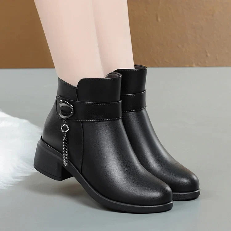 Women's Genuine Leather Metal Buckle Velvet Boots