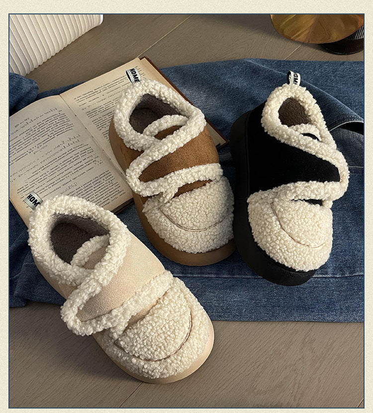 Non-slip Soft Thickened Retro Lamb Wool Velcro Cotton Shoes