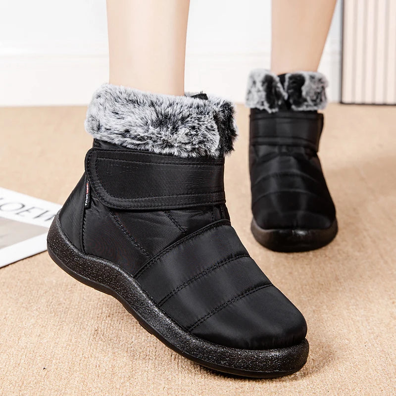 Women's waterproof boots made of looped rabbit fur