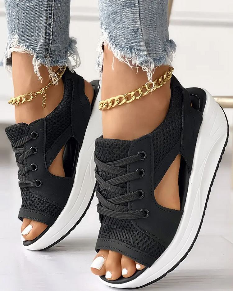 Contrast paneled cutout lace-up muffin sandals