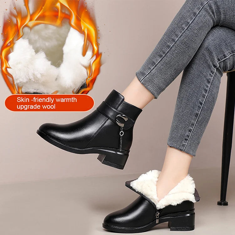 Women's Genuine Leather Metal Buckle Velvet Boots